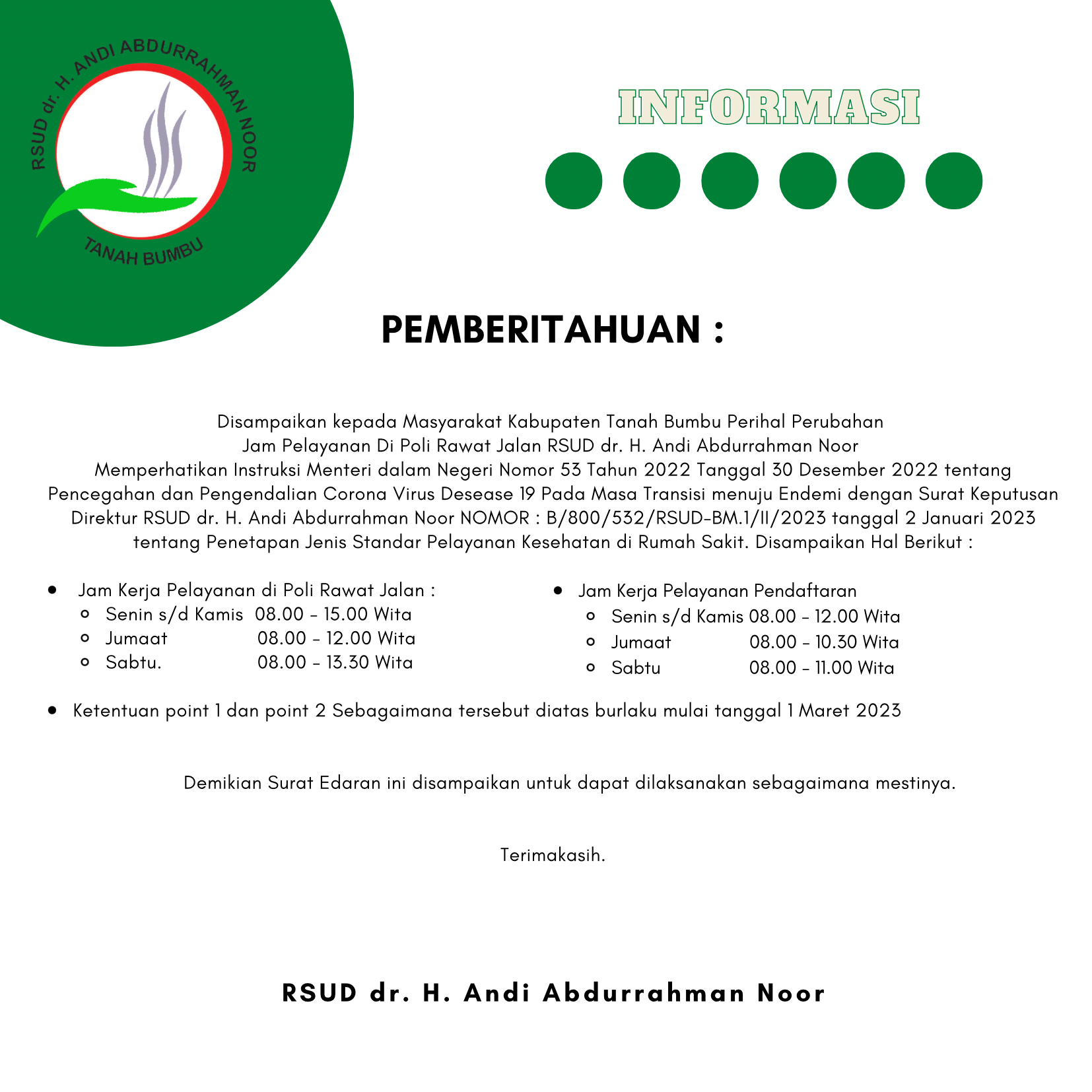 INFORMASI PERUBAHAN JADWAL JAM LAYANAN RSUD dr. H. ANDI ABDURRAHMAN NOOR